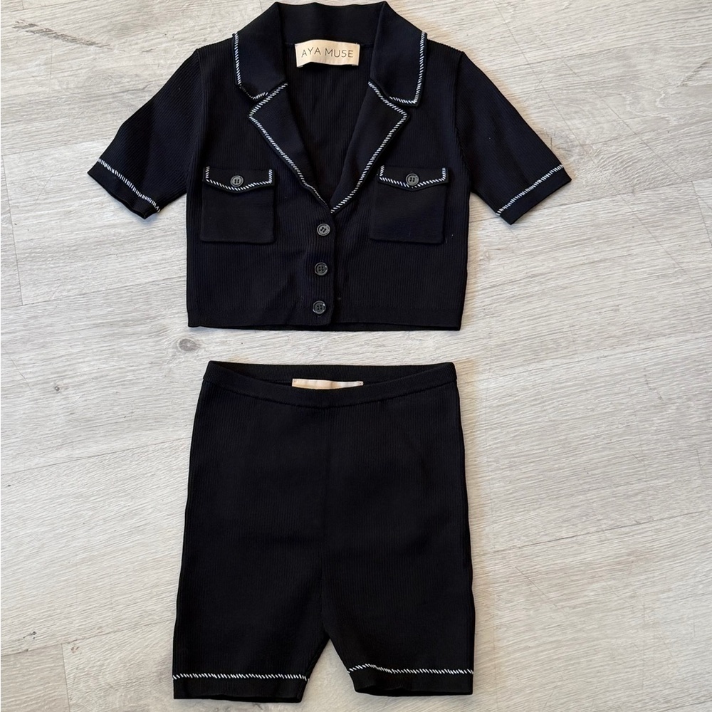 Aya Muse Black Knit Cropped Jacket & Skirt Set with White Piping